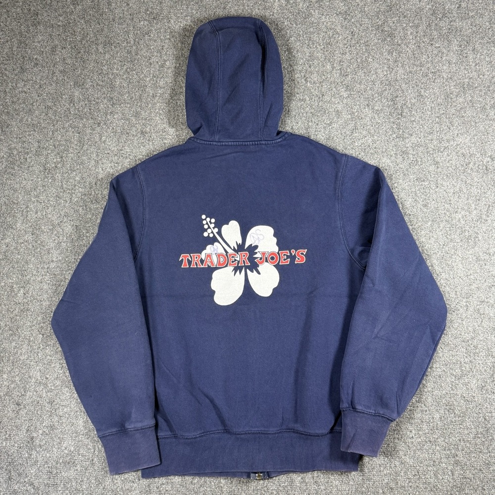 Trader Joes Hoodie Unisex XS Navy Cotton Blend Hibiscus Graphic Promo Employee